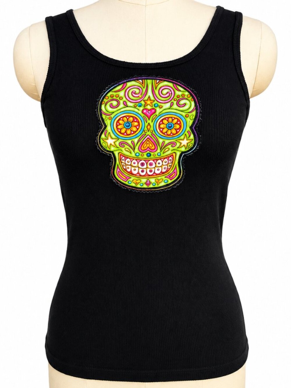 💋🌟 Sugar Skull Ribbed Fitted Tank Top | Black | Size Small | Dia de la Muertos